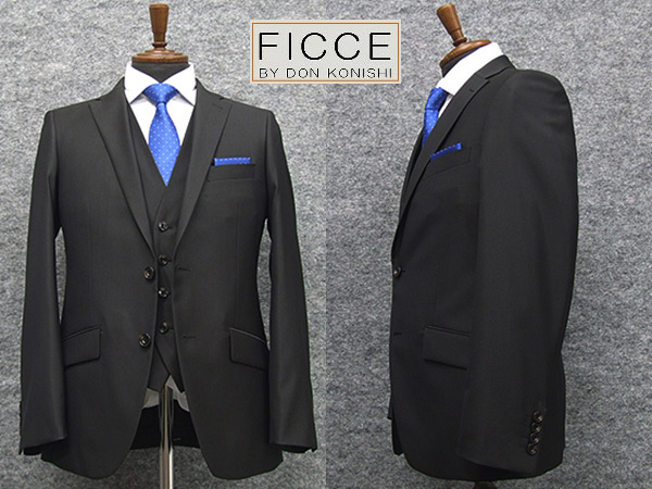 通年物　３ピーススーツ [FICCE] BY DON KONISHI フィッチェ　スタイリッシュ2釦シングル　黒/無地　[Y体][A体][AB体]　FC8311-09