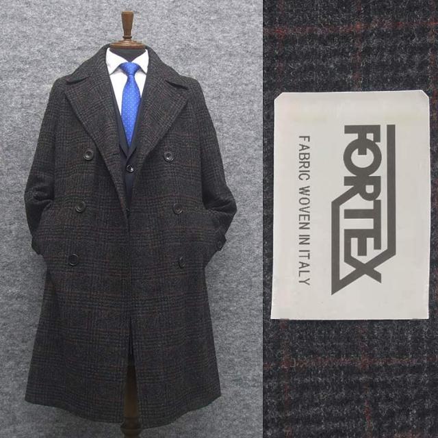 ダブルラグジュアリーコート　イタリー生地[FORTEX]　濃グレー/二重格子　[YA体〜A体対応]　スタイリッシュタイプ　メンズ  FORTEX03