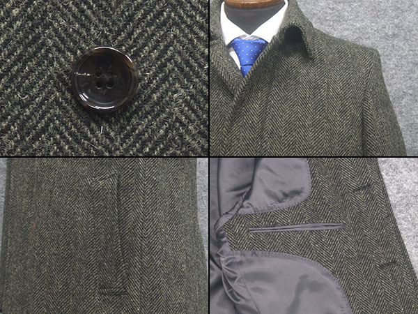 英国生地　[Harris Tweed]ハリスツイード　ステンカラーコート　モスグレー系ヘリンボーン　シングル4釦　秋冬物　HTC-S09 英国生地 [Harris Tweed]ハリスツイード ステンカラーコート