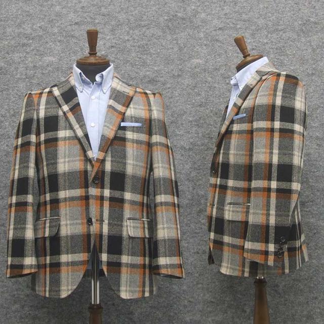 秋冬物ジャケット　ウール混　セミスタイリッシュ２釦　グレーベージュ系/大格子　[AB体]　メンズジャケット　HV15123-23