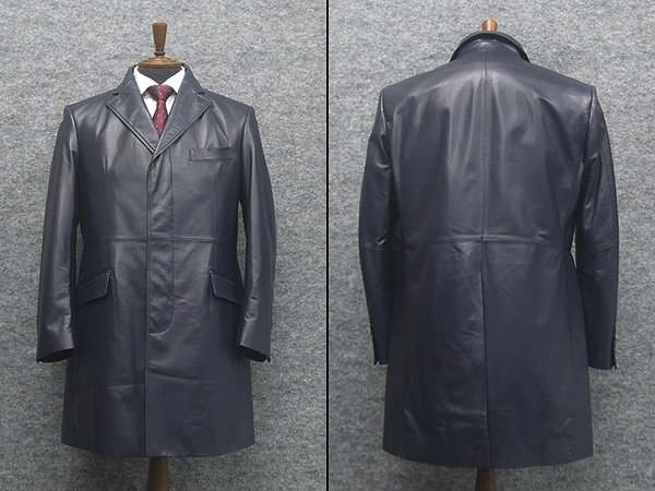 レザーコート ラム革 シングルチェスターコート 紺 比翼 [A体・AB体