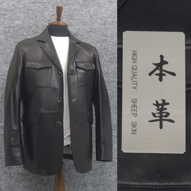 シープスキンレザー　カバーオール　サファリ風ジャケット　ラム革　３釦　[A体/AB体兼用]  黒　メンズ　ML89223