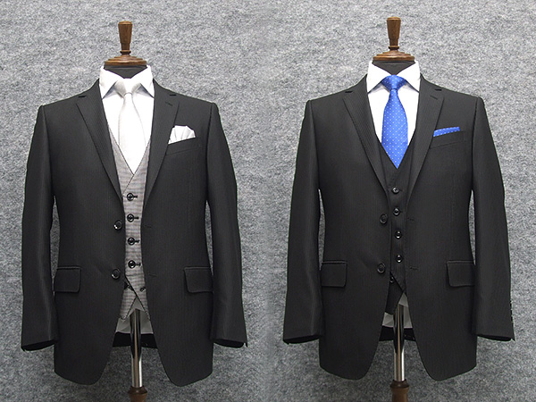 スリーピーススーツ　両面ベスト　スタイリッシュ2釦　フォーマル＆ビジネス　黒縞　[Y体][A体][AB体]　パーティスーツ　NS18101