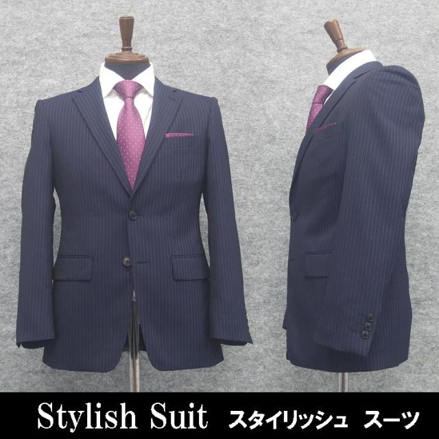 秋冬物　スタイリッシュ２釦スーツ　紺/ストライプ　メンズスーツ　Y4　OK24