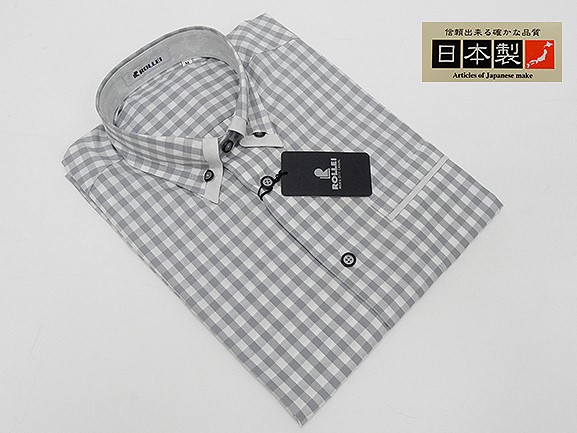 アダルトカジュアルシャツ　[ROLLEI]　日本製　長袖　白×グレー　チェック　マイターカラー　綿100％　デザインシャツ　ROL209