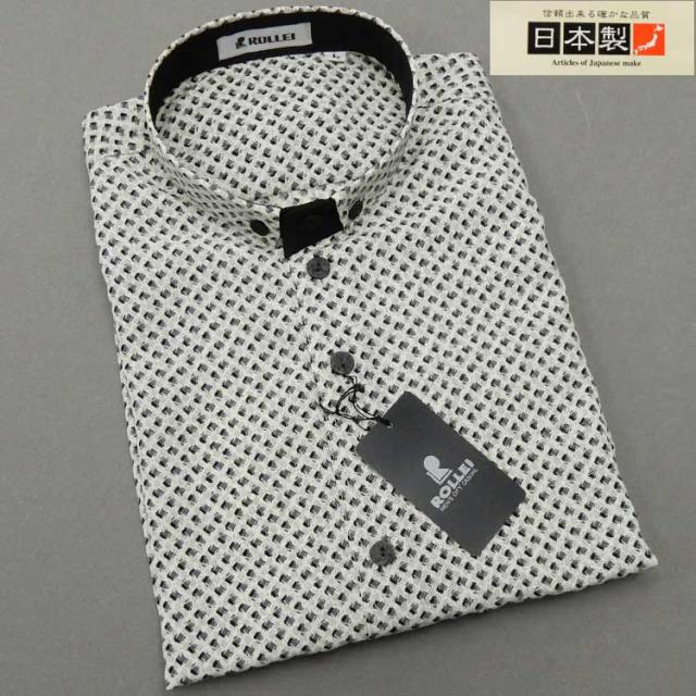 アダルトカジュアルシャツ　[ROLLEI]　日本製　長袖　白系　チェック風　デザインシャツ　ROL34193-1