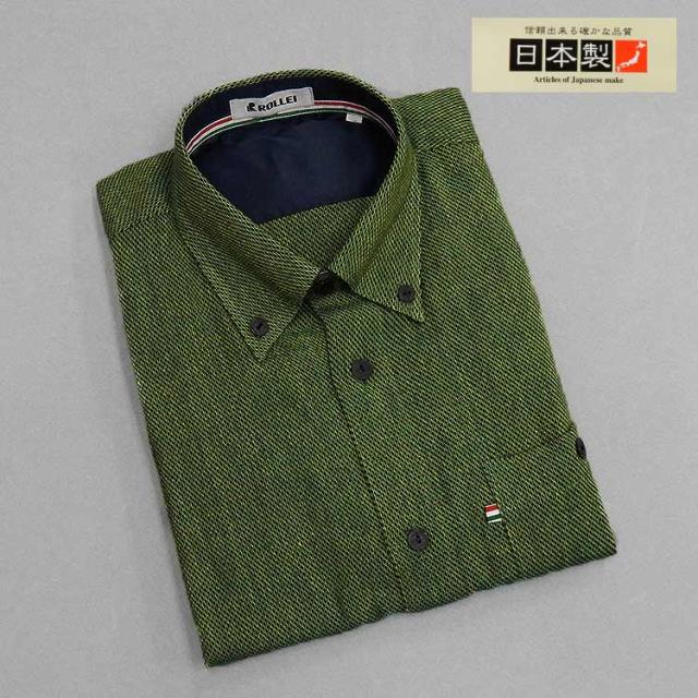 アダルトカジュアルシャツ　[ROLLEI]　日本製　長袖　青緑×黄色×黒　網柄　ボタンダウン　綿100％　秋冬物　ROL34199-2