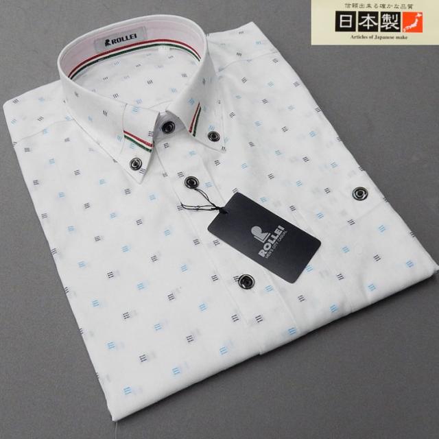 アダルトカジュアルシャツ　[ROLLEI]　日本製　長袖　白地　格子柄　綿100％　デザインシャツ　ROL34216-1