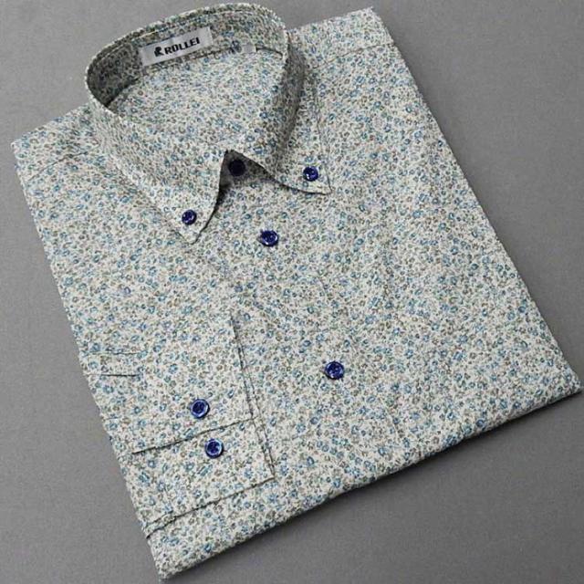 アダルトカジュアルシャツ　[ROLLEI]　日本製　長袖　ベージュ×青　草花柄　綿100％　デザインシャツ　ROL34219-1