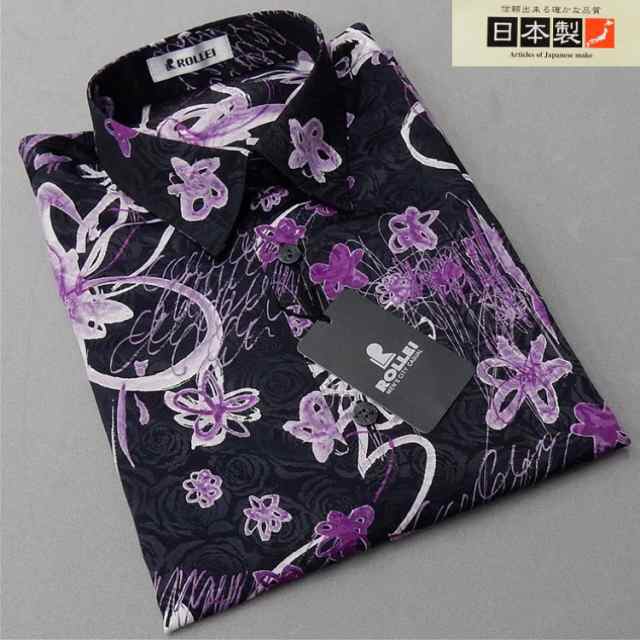 アダルトカジュアルシャツ [ROLLEI] 日本製 長袖 黒×紫 花柄 デザイン