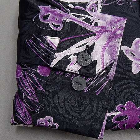 アダルトカジュアルシャツ [ROLLEI] 日本製 長袖 黒×紫 花柄 デザイン