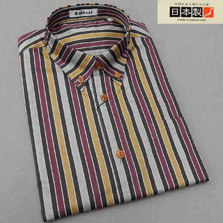アダルトカジュアルシャツ　[ROLLEI]　日本製　長袖　灰×黒×紫×黄　ストライプ　綿100％　デザインシャツ　ROL34271-2