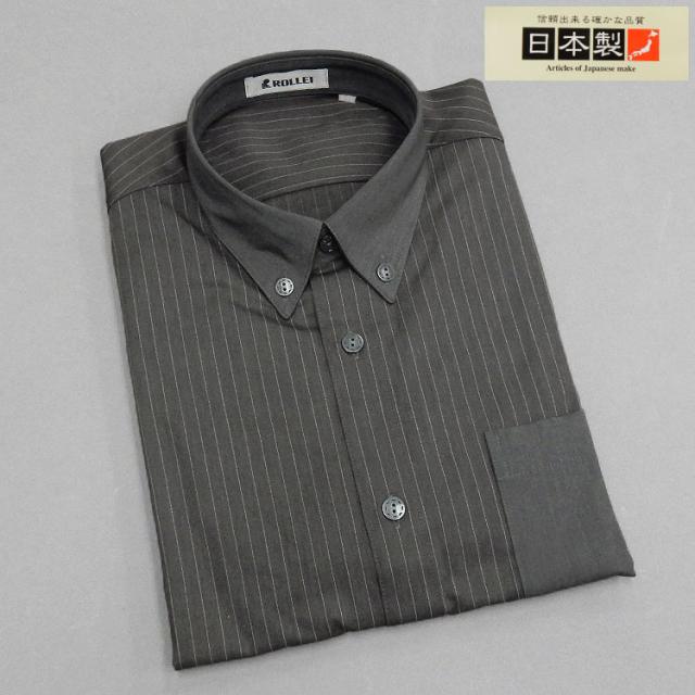 アダルトカジュアルシャツ　[ROLLEI]　日本製　長袖　中グレー×白グレー　ピンストライプ　ボタンダウン　秋冬物　ROL34282-1
