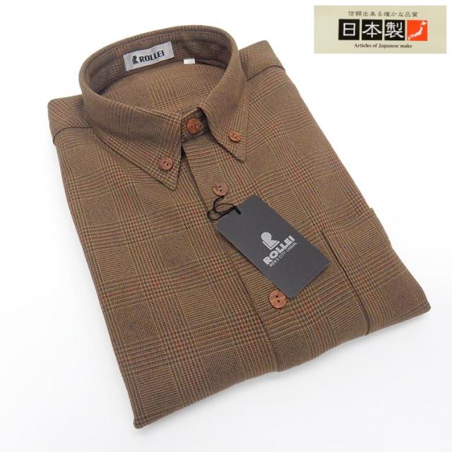 アダルトカジュアルシャツ　[ROLLEI]　日本製　長袖　茶系　グレンチェック　ボタンダウン　秋冬物　ROL34330-3