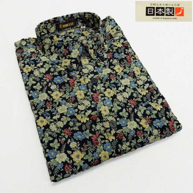 アダルトカジュアルシャツ [ROLLEI] 日本製 長袖 濃紺地 草花柄 ボタンダウン 秋冬物 ROL34360-1