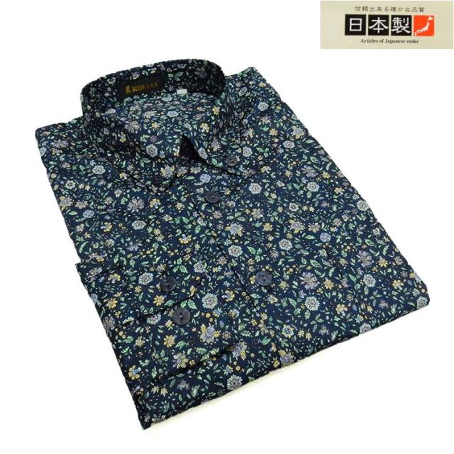アダルトカジュアルシャツ [ROLLEI] 日本製 長袖 濃紺地 草花柄 ボタンダウン 秋冬物 ROL34371-1