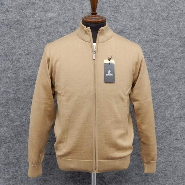 ニットセーター　フルジップ[ROLLEI]　日本製　ベージュ/無地　ハイネック　ウール100％　ウォッシャブル　ROL77022-1