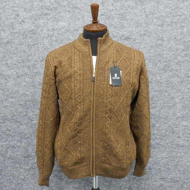 ニットセーター フルジップ[ROLLEI] 日本製 茶系 ハイネック ウール100％ メリノウール ケーブルニット ROL79011-1