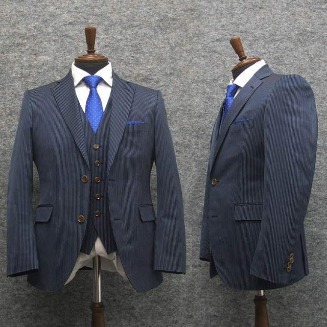 春夏物 ３ピース スタイリッシュ2釦シングルスーツ 紺ストライプ [AB体] メンズスーツ SE97500