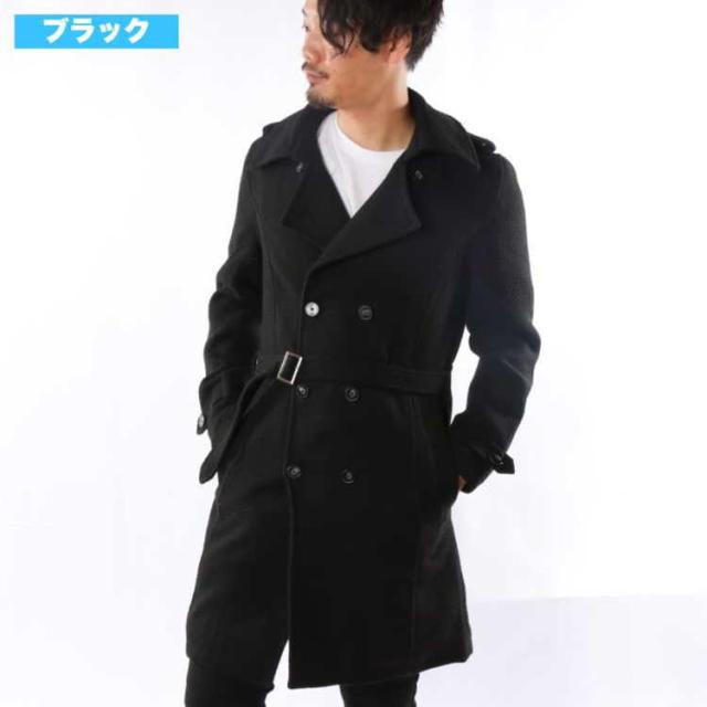 トレンチコート★メンズ　黒　無地　ワッフル　アウター　ロングコート　オーバーコート　送料無料　ST33316-BKの通販は