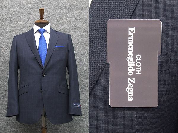 春夏物　紺系格子　[Ermenegildo Zegna] ゼニア TROPICAL使用　スタイリッシュ2釦スーツ　[YA体][A体]　EZS78　ロゴ入りジャガード裏地
