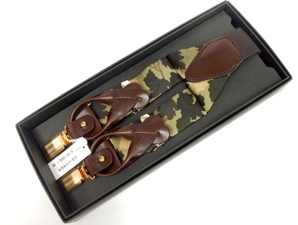 Ｙ型２wayサスペンダー　迷彩柄（ウッドランド）　京都産ネクタイ生地　本革使用　日本製　35mm　革足＆金メッキクリップ