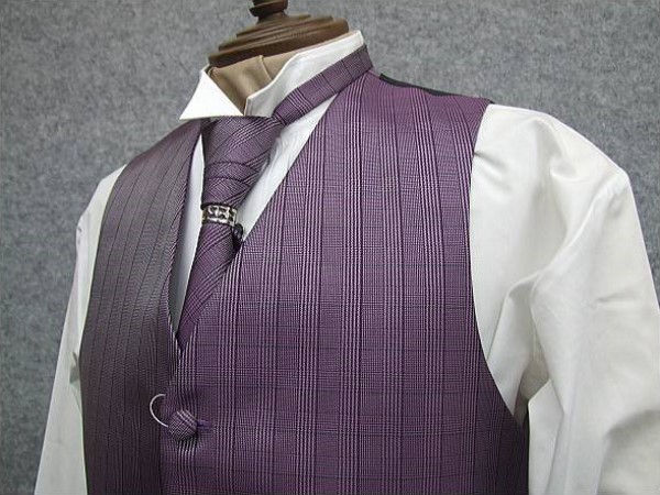 ◆フォーマルベスト&アスコットタイ◆ メンズ バロックタイ ジレ 新郎 結婚式 披露宴[YA〜A体]◇LLサイズ◇紫 格子◇V6