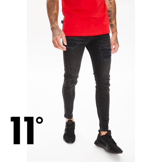 イレブンディグリーズ 11Degrees ダメージジーンズ Sustainable Distressed Jeans Skinny Fit ウォッシュドブラック ストレッチ デニム パンツ メンズ[衣類]
