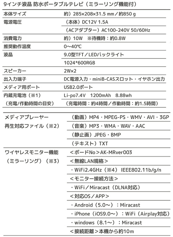 9インチ 液晶防水ポータブルテレビ ミラーリング機能付 防水仕様 Ipx5相当 ワンセグ フルセグ自動切換え 3電源式の通販はau Pay マーケット ショッピング ラボ