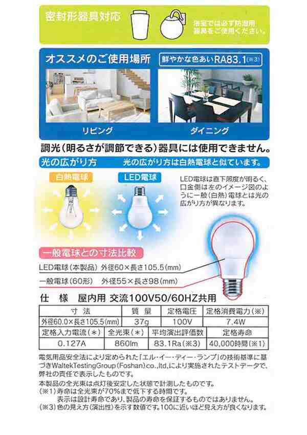 LED電球 60W形相当 E26口金 昼光色 省エネ 860ルーメン 長寿命40000時間 広配光タイプ 密封形器具対応 一般電球サイズ  4個SETの通販はau PAY マーケット - ショッピング-ラボ