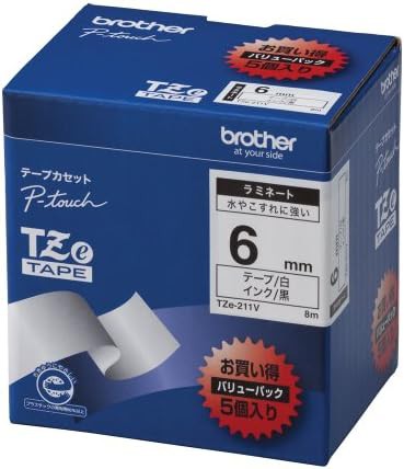 ブラザー工業 ピータッチ ラミネートテープ TZe-211V 幅6mm (黒文字 白)