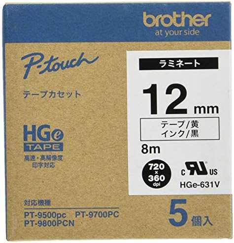 ブラザー工業 HGeテープ ラミネートテープ(黄色 黒字)12mm 長さ8m 5本