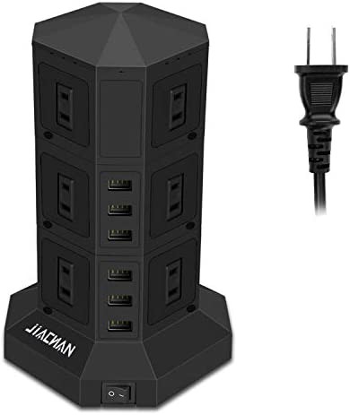 JIACHAN 電源コードタワー式電源タップ 6個USB 12個コンセント 約3ｍ 急速充電 掛ける可能 3段 ブラッグ (3層, 黒)