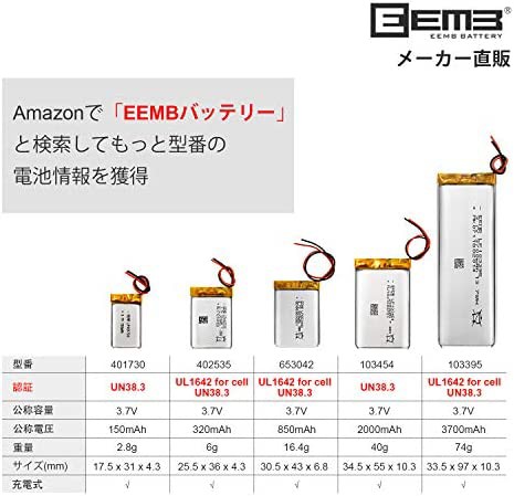 4 X EEMB 3.7v 150mAh 充電式 リチウムイオン電池 リチウムポリマー電池 充電池 角形 LP401730 3.7v 150mAh  EEMB 二次電池 保護回路とワの通販はau PAY マーケット - CELFEE | au PAY マーケット－通販サイト