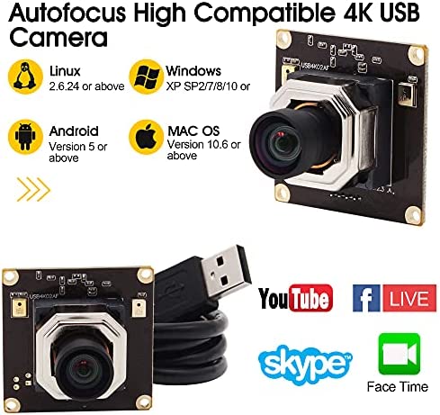 ELP オートフォーカス 4K USBカメラ 超小型 ウェブカメラ デュアルオーディオ付き 100度歪みのないレンズ カメラ 2160P 30FPS Webかめら の通販は