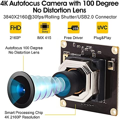 ELP オートフォーカス 4K USBカメラ 超小型 ウェブカメラ デュアルオーディオ付き 100度歪みのないレンズ カメラ 2160P 30FPS Webかめら の通販は