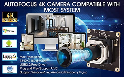 ELP オートフォーカス 4K USBカメラ 超小型 ウェブカメラ デュアルオーディオ付き 100度歪みのないレンズ カメラ 2160P 30FPS Webかめら の通販は