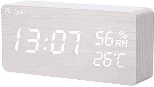 2022 最新 デザイン 目覚まし時計 置き時計 木目 LEDデジタル時計 アラームクロック 温度湿度計 カレンダー 音声感知 USB/乾電池給電