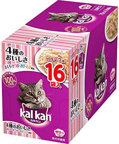 カルカン キャットフード パウチ 4種のおいしさ まぐろ・かつお・さけ・えび風味 成猫用 70グラム (x 16) (まとめ買い)