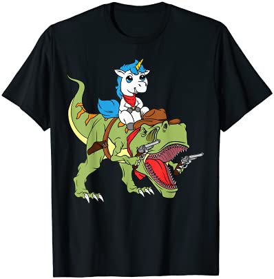 Unicorn Riding Dinosaur Kids Boys Girls Cowboy T-Rex Dino Tシャツ