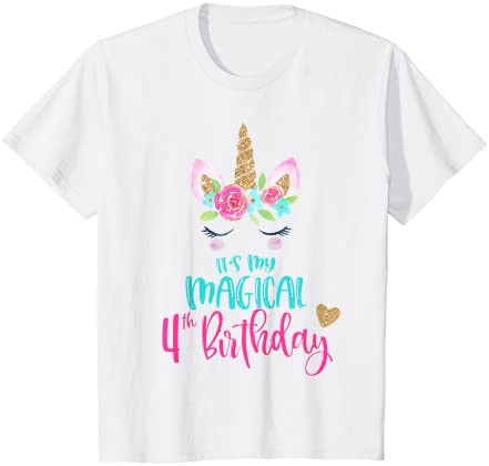 キッズ ユニコーン 4歳の誕生日パーティーシャツ ガールズ 4歳 Tシャツ Tシャツ