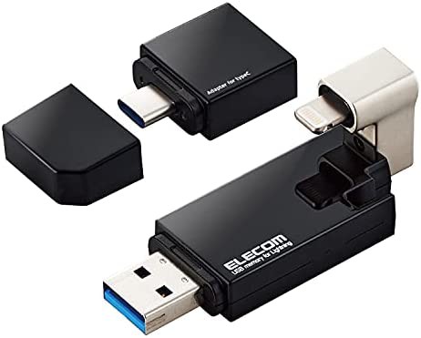 【送料無料】エレコム USBメモリ 16GB iPhone/iPad対応 [MFI認証品] ライトニング Type-C変換アダプタ付 ブラック MF-LGU3B016GBK