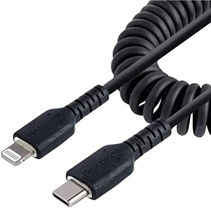 StarTech.com 高耐久Lightning - USB-Cケーブル 50cm コイル（伸縮）型／ブラック／アラミド繊維補強／MFi認証／iPhone充電ケーブル／タ