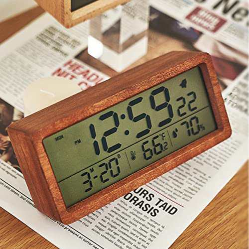 置き時計 デジタル時計 目覚まし時計 アラーム LED カレンダー 乾電池給電 大音量 木目調 温度湿度表示 日付表示 スヌーズ機