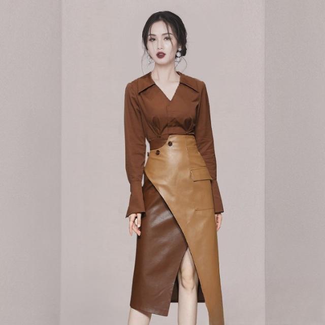 レディース スーツ 上下セット セットアップ Vネック スカート ポケット付き フェイクレザー ラップスカート ミディアム丈 ペンシルスカート 無地 襟コンシャス ツーピース 長袖 女性用 クール 主役級 ジャケット 抜け感 上品 楽ちん カジュアル 大人可愛い きれいめ シンプルの通販は 7,702円