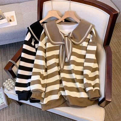 トップス レディース スウェット シャツ ボーダー しましま Ｖネック リボン セーラー マリン 長袖 プルオーバー 女性用 ゆったり ラフ上品 大人可愛い きれいめ シンプル おしゃれ 着やせ 韓国風 ファッション コーデ 定番 送料無料 インスタ映え 女っぽ 大人っぽ 楽ちんの通販は 6,280円