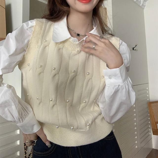 トップス レディース シャツ ブラウス ニット ベスト ケーブル編み パール スカラップ プルオーバー 襟付き レギュラーカラー トリム バイカラー レトロ クルーネック ラージカラー 長袖 襟付き フリルカラー ビッグカラー パフスリーブ フロントボタン スタイリッシュ フリルの通販は 4,858円