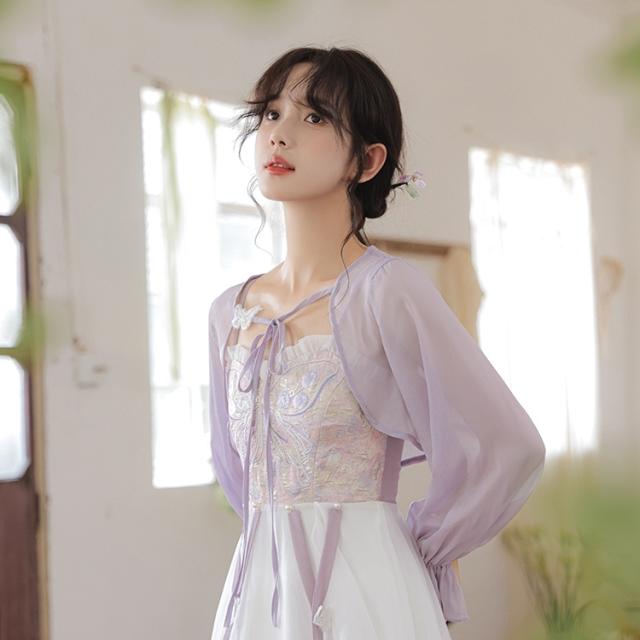 トップス レディース シャツ ブラウス 切り替え 重ね着風 ボレロ リボン 蝶々 ドレスシャツ レトロ ノーカラー 襟なし 長袖 クロップ丈 パフスリーブ トレンド フロントボタン スマート 細身 透け感 スタイリッシュ フリル ドロップショルダー 体型カバー 着痩せ 薄手 4,752円