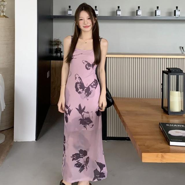 ワンピース ロング マキシ レディース フェザー花柄 デザイン