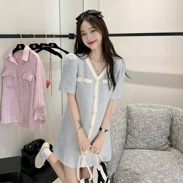 ワンピース レディース ミニ丈 ツイード 襟なし Vネック トリム バイカラー パワーショルダー パフスリーブ 半袖 ハイウエスト Aライン オーバーサイズ ワンサイズ 大人可愛い シンプル カジュアル 大人 お洒落 レトロ ラフ こなれ感 キュート クール ゆったり 無地 冬 10代の通販は 7,280円